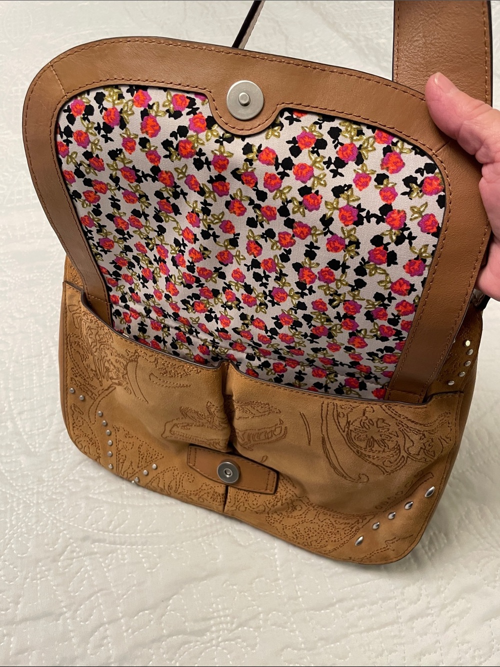 Vera Bradley CARSON Brown Leather Suede Studded Shoulder or Crossbody Bag - Picture 7 of 16